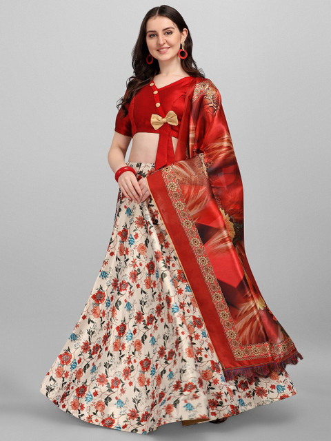 

Fashion Basket Women Beige & Blue Semi-Stitched Lehenga & Unstitched Blouse With Dupatta