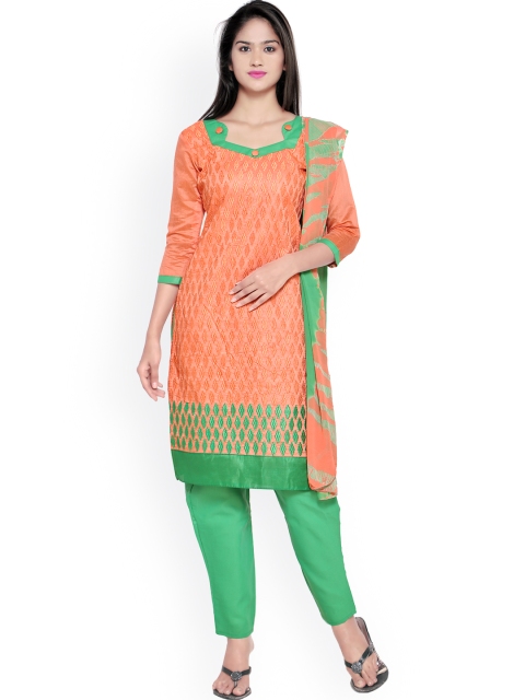 

Aasvaa Orange & Green Embroidered Cotton Unstitched Dress Material