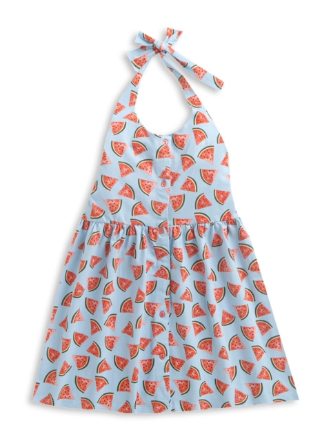 

Hopscotch Girls Blue & Red Watermelon Printed Halter Neck Pure Cotton Dress