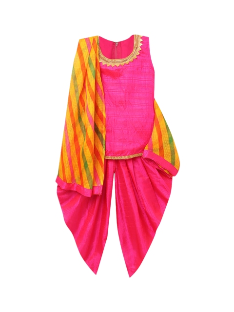

Hopscotch Girls Pink Raw Silk KurtaSet With Dupatta