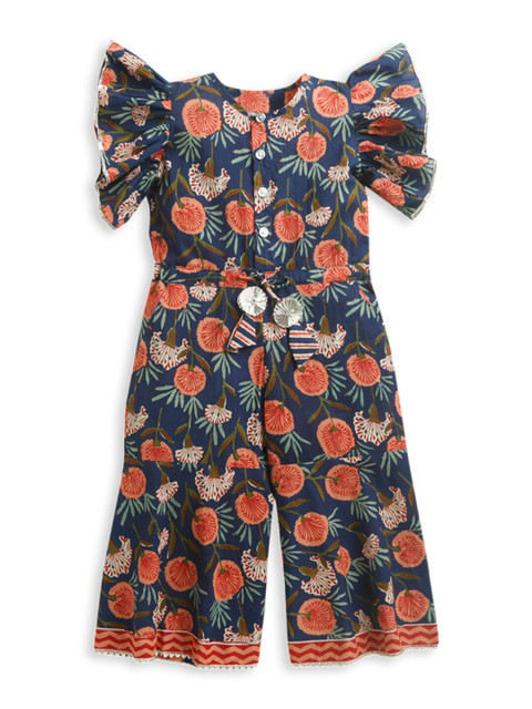 

Hopscotch Girls Blue & Orange Printed Basic Ruffled Jumpsuit