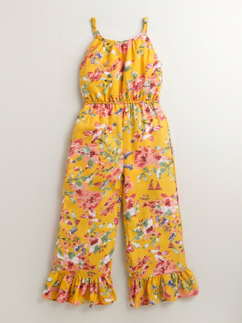 

Hopscotch Girls Yellow & White Printed Basic Jumpsuit