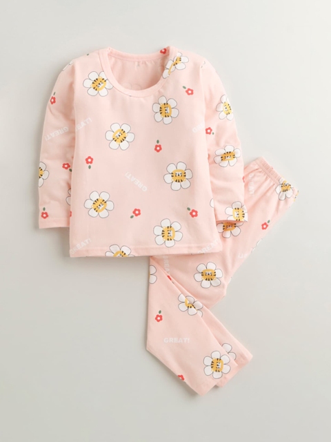 

Hopscotch Girls Pink & White Printed Night Cotton suit