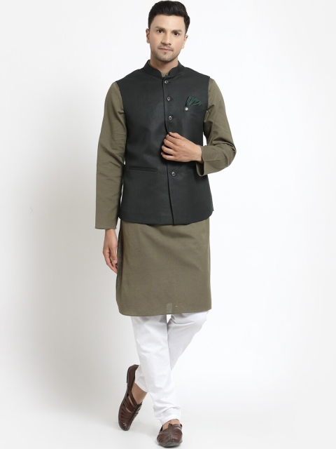 

MOHANLAL SONS Men Brown Pure Cotton Kurta with Pyjama and Black Nehru Jacket
