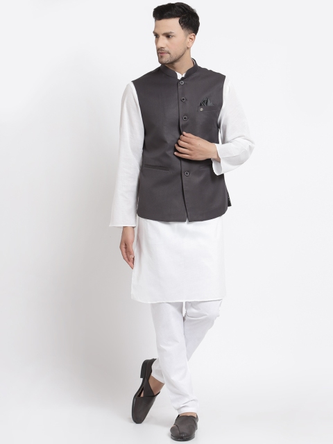 

MOHANLAL SONS Men White Pure Cotton Kurta Set with Dark Grey TR Nehru Jacket