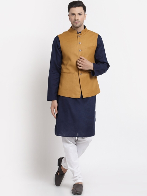 

MOHANLAL SONS Men Navy Blue Cotton Kurta Pajama with Mustard TR Nehru Jacket