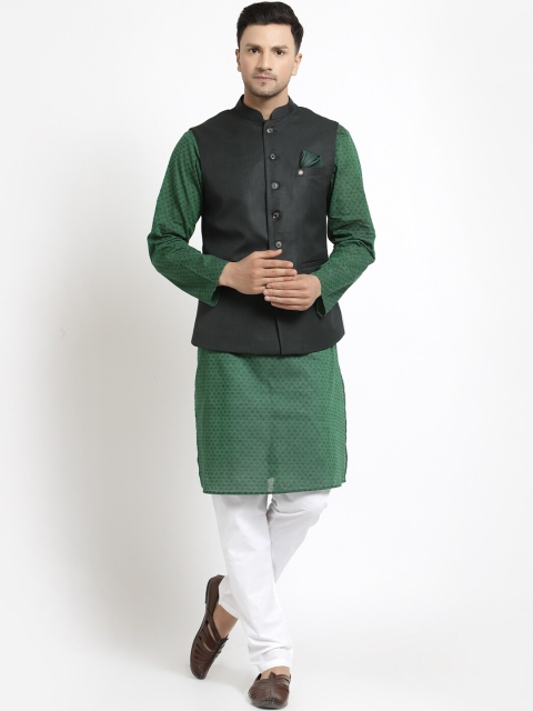 

MOHANLAL SONS Men Green Pure Cotton Kurta With Churidar & Nehru Jacket