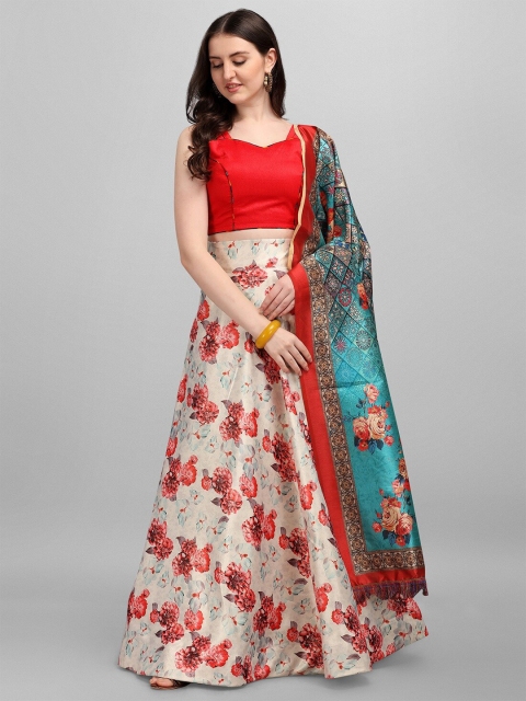 

Fashion Basket Beige & Red Semi-Stitched Lehenga & Unstitched Blouse With Dupatta