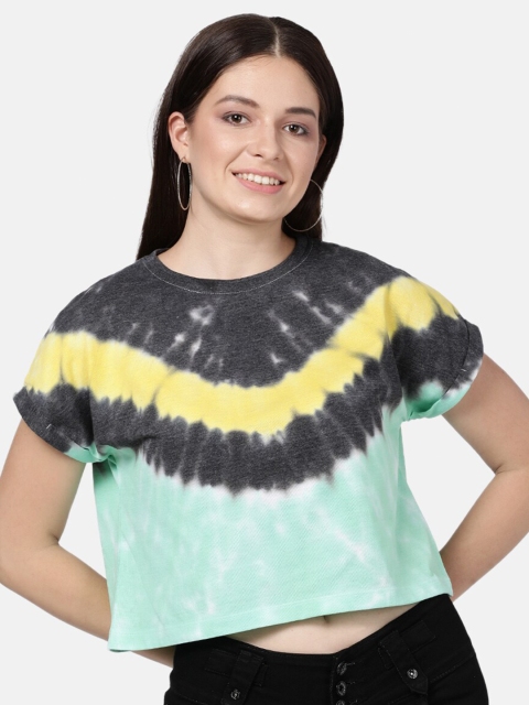 

BEVERLY BLUES Women Green & Black Tie and Dye Dyed Crop T-shirt