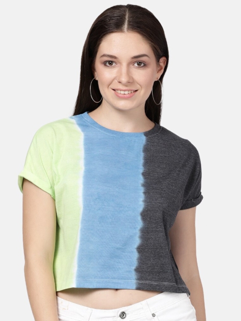 

BEVERLY BLUES Women Blue & Black Colorblocked Cotton Crop T-shirt