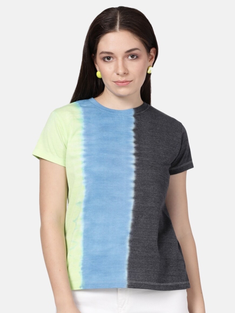 

BEVERLY BLUES Women Blue & Lime Green Cotton T-shirt