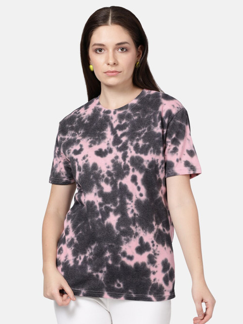 

BEVERLY BLUES Women Black Cotton Floral Dyed Drop-Shoulder Sleeves T-shirt