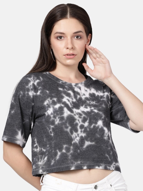 

BEVERLY BLUES Women Grey & White Printed Cotton Short T-Shirt