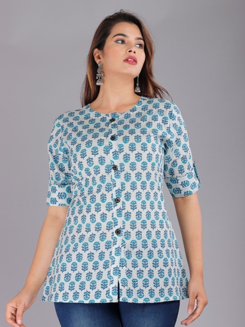 

ROOPWATI FASHION Women White & Blue Printed Roll-Up Sleeves Top