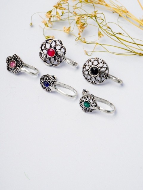 

Urmika Women Set Of 5 Silver-Toned Stone-Studded Floral Nose Ring
