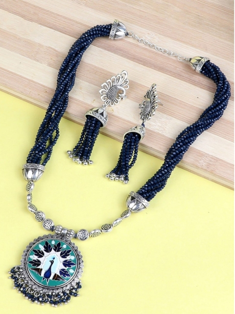 

FIROZA Silver-Plated Black Beaded & Onyx-Studded Jewellery Set