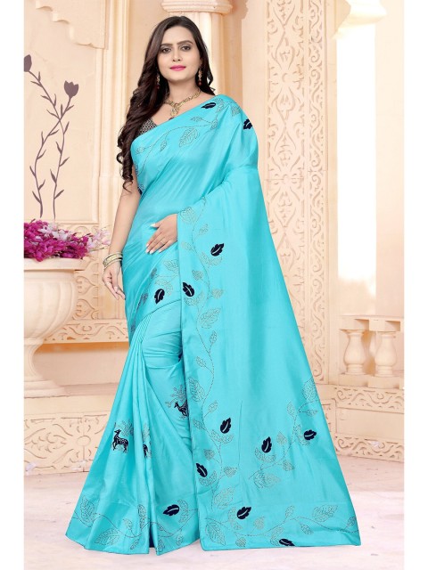 

KALINI Turquoise Blue & Black Floral Beads and Stones Ready to Wear Kota Saree