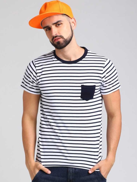 

TRUE BASKET Men White & Black Striped T-shirt
