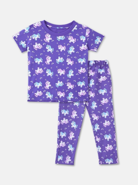 

Cuddles for Cubs Unisex Kids Purple & Blue Pure Cotton Printed Night suit