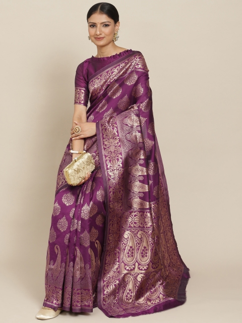 

Tikhi Imli Violet & Gold-Toned Ethnic Motifs Zari Silk Blend Kanjeevaram Saree