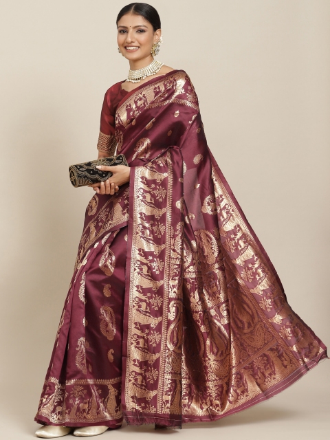

Tikhi Imli Maroon & Gold-Toned Paisley Zari Silk Blend Kanjeevaram Saree