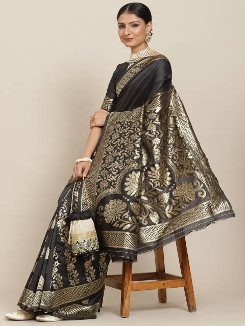 

Tikhi Imli Black & Gold-Toned Floral Zari Silk Blend Kanjeevaram Saree