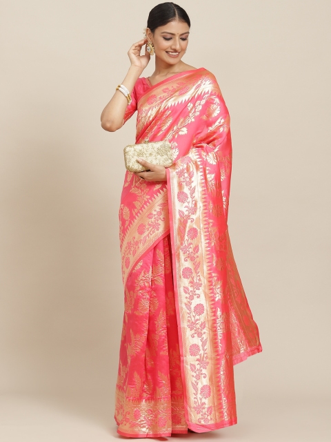 

Tikhi Imli Pink & Gold-Toned Floral Zari Silk Blend Kanjeevaram Saree