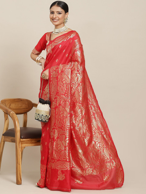 

Tikhi Imli Red & Gold-Toned Ethnic Motifs Zari Silk Blend Kanjeevaram Saree