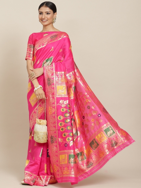 

Tikhi Imli Fuchsia Ethnic Motifs Zari Silk Blend Kanjeevaram Saree