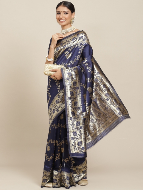 

Tikhi Imli Navy Blue & Gold-Toned Floral Zari Silk Blend Kanjeevaram Saree