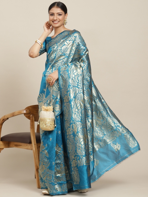 

Tikhi Imli Blue & Silver-Toned Floral Zari Silk Blend Kanjeevaram Saree