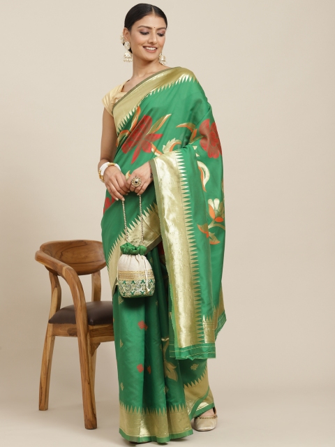 

Tikhi Imli Green & Gold-Toned Floral Zari Silk Blend Kanjeevaram Saree
