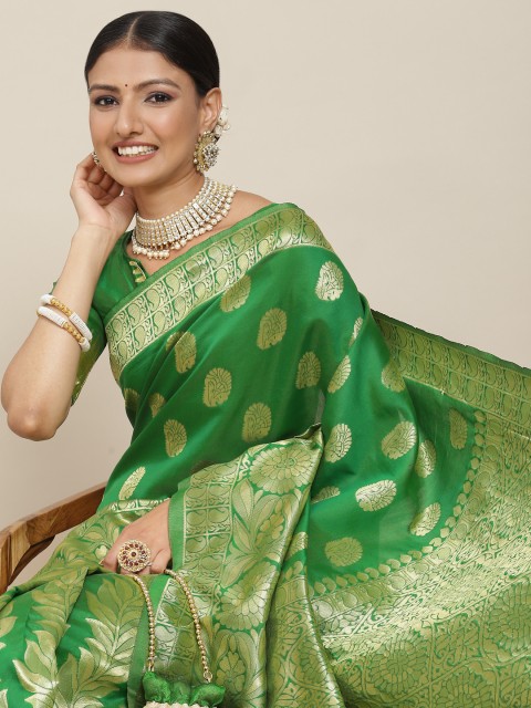 

Tikhi Imli Green & Gold-Toned Ethnic Motifs Zari Silk Blend Kanjeevaram Saree