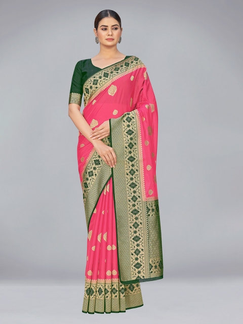 

MONJOLIKA FASHION Pink & Green Woven Design Zari Organza Banarasi Saree