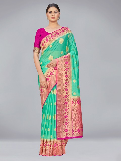 

MONJOLIKA FASHION Green & Pink Ethnic Motifs Zari Organza Banarasi Saree