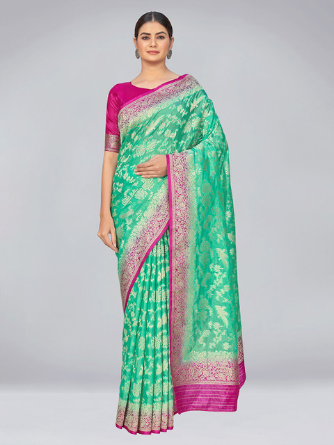 

MONJOLIKA FASHION Sea Green & Pink Ethnic Motifs Zari Organza Banarasi Saree