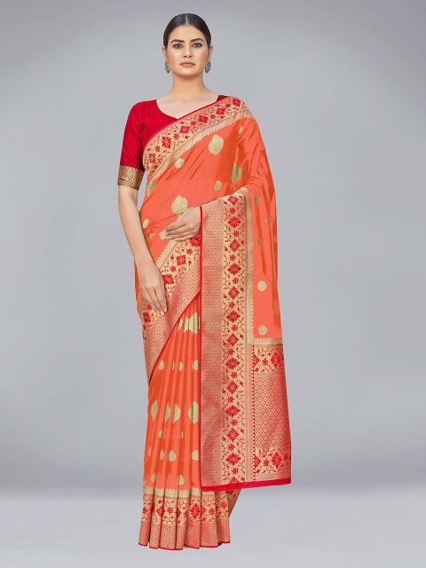 

MONJOLIKA FASHION Peach-Coloured & Maroon Woven Design Zari Organza Banarasi Saree