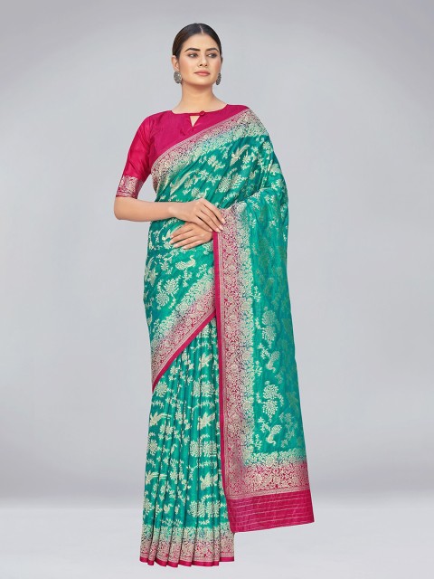 

MONJOLIKA FASHION Teal & Magenta Floral Zari Organza Banarasi Saree