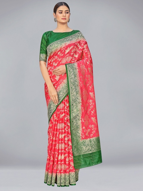 

MONJOLIKA FASHION Pink & Green Woven Design Zari Organza Banarasi Saree