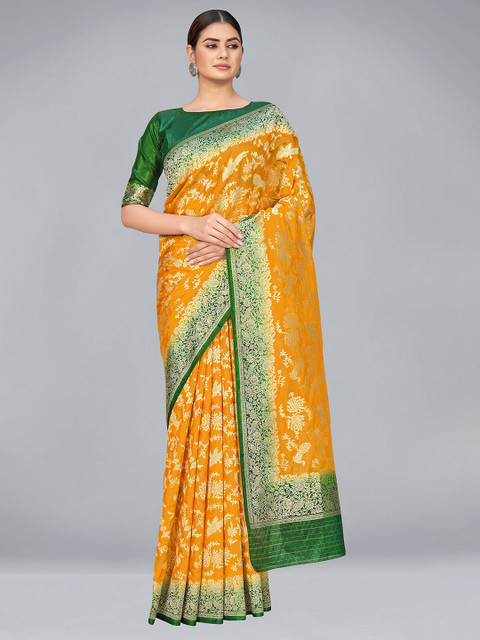 

MONJOLIKA FASHION Yellow & Green Woven Design Zari Organza Banarasi Saree