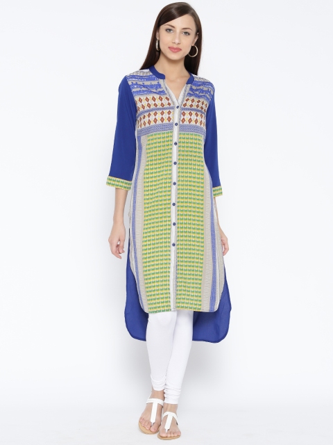 

Rain & Rainbow Women Blue & Green Printed High-Low Straight Kurta