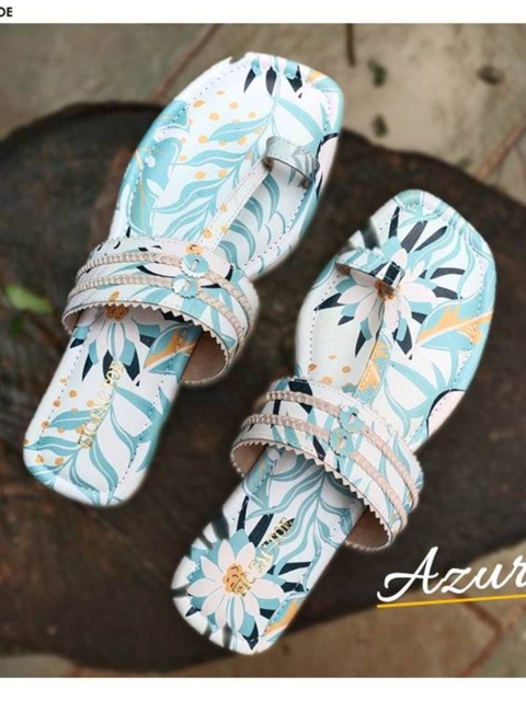 

TIC TAC TOE Women White & Blue Floral Printed Open Toe Flats