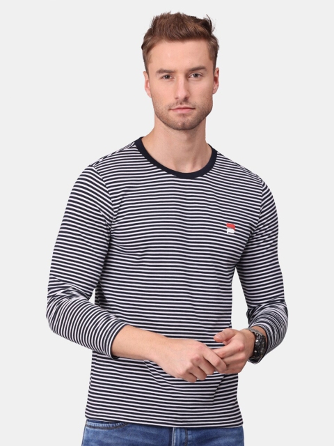 

POLONIUM Men Navy Blue & White Striped Dry Fit T-shirt