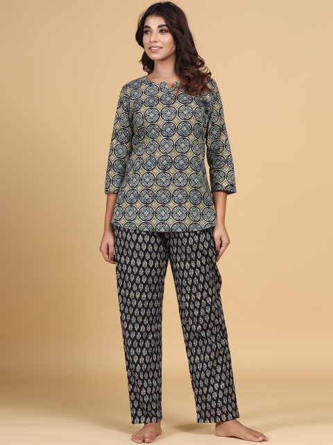 

mirari Women Navy Blue & Olive Green Printed Cotton Night suit