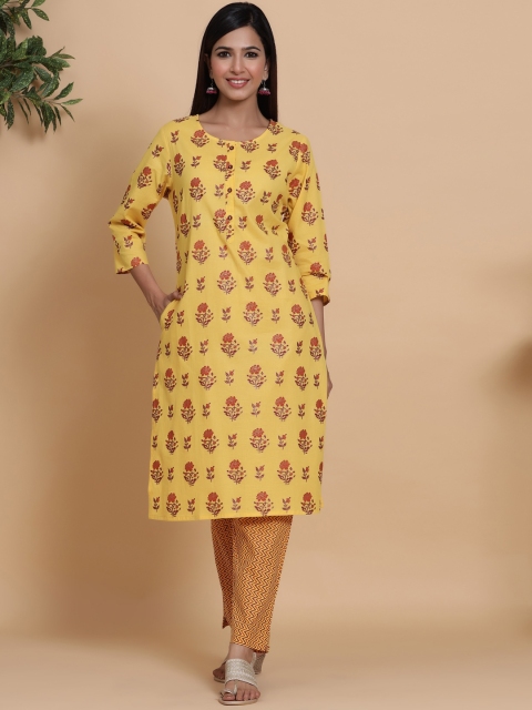 

mirari Women Yellow Ethnic Motifs Printed Pure Cotton Kurta with Trousers