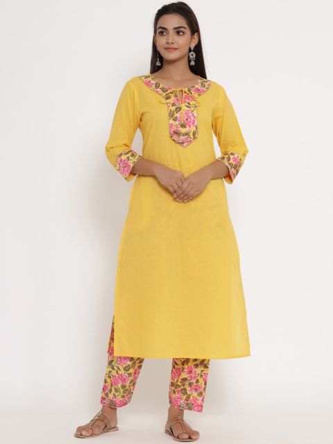 

mirari Mustard Yellow Floral Printed Pure Cotton Kurta with Palazzos