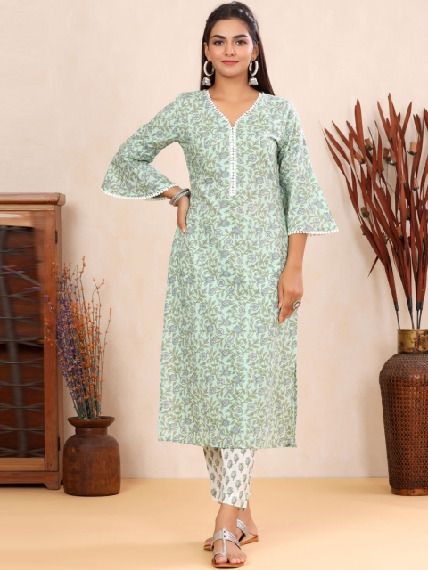 

mirari Sea Green Floral Printed Pure Cotton Kurta with Trousers