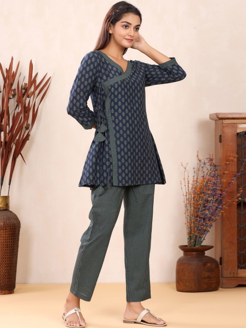 

mirari Women Blue Ethnic Motifs Printed Angrakha Pure Cotton Kurti with Trousers