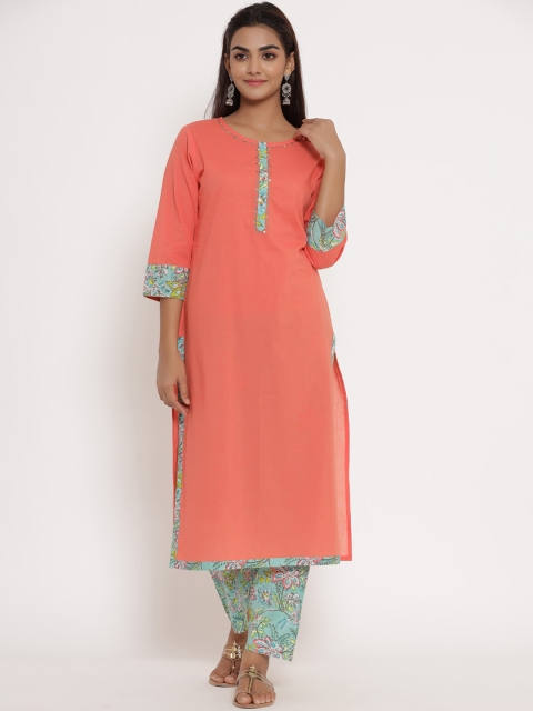 

MIRARI Orange Solid Round Neck Cotton Straight Kurta With Trousers