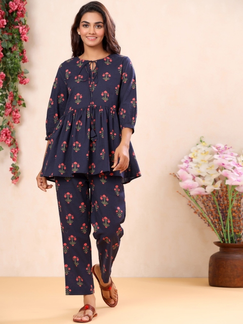 

mirari Women Navy Blue Floral Printed Empire Pure Cotton Kurti with Trousers
